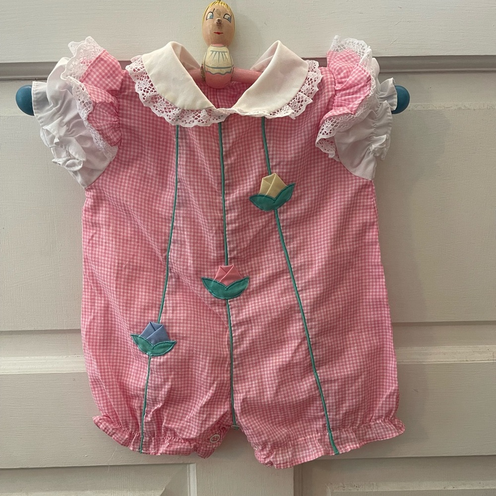 Vintage Pink Gingham Baby Romper with Floral Accents